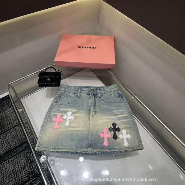 Miu Miu Cross-Embellished Denim Mini Skirt Light Wash - 1