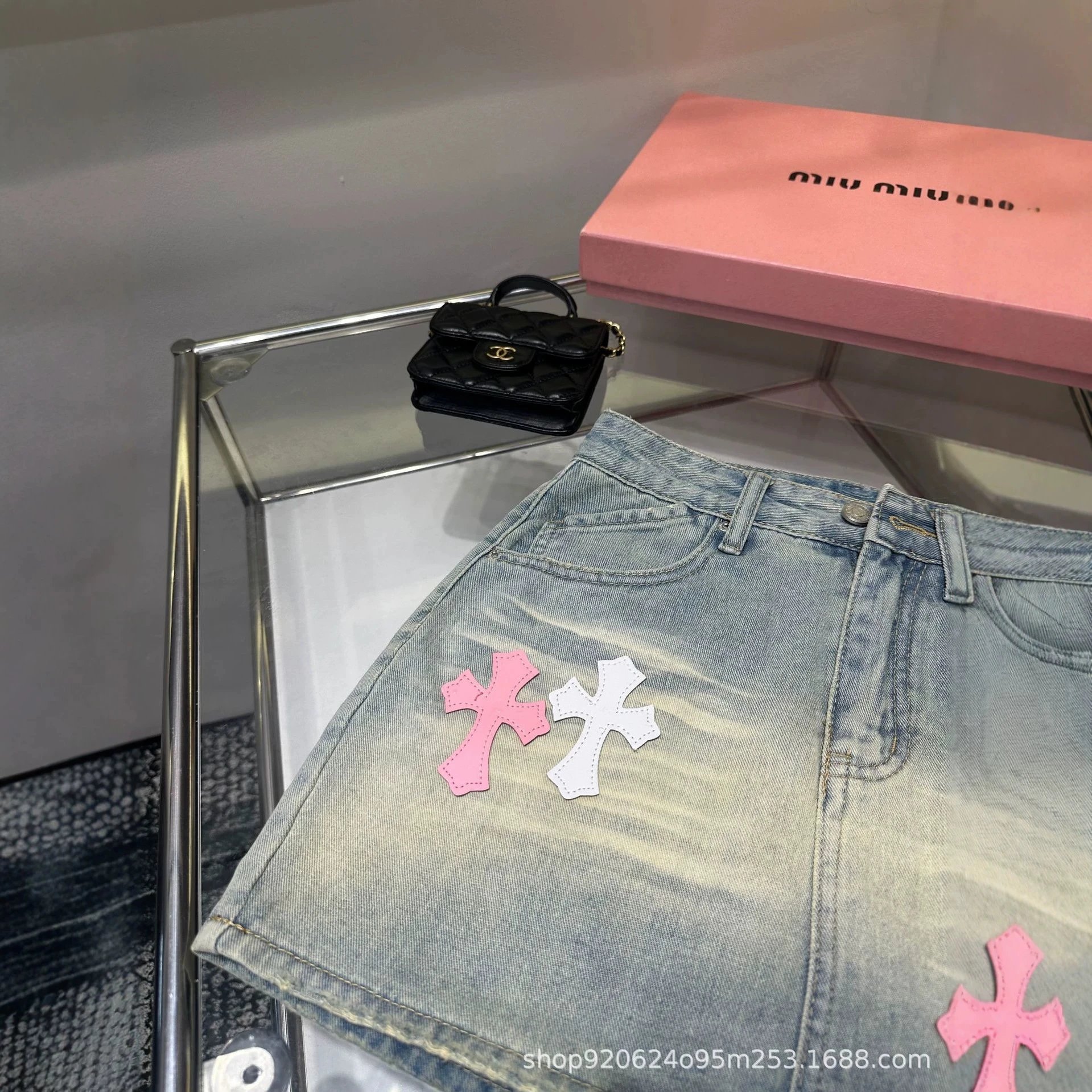 Miu Miu Denim Skirt Light Blue Cross-Embellished Mini Skirt