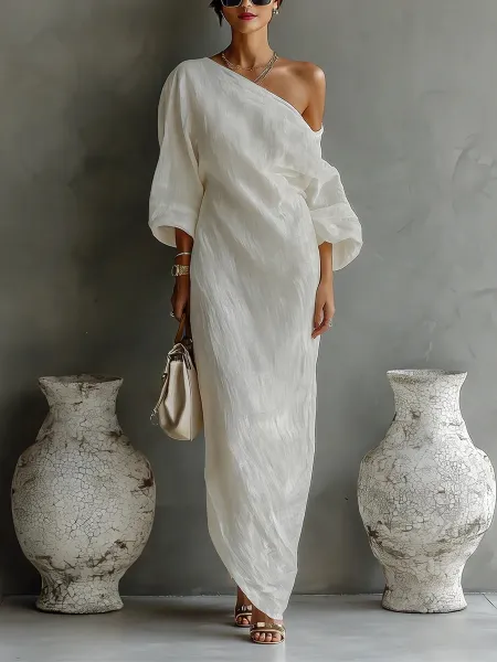 Design One-Shoulder Linen-Blend Maxi Dress Blue - 5