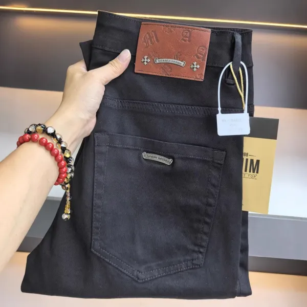 Chrome Hearts Black Slim Fit Jeans with Leather Patch and Cross Motif - 1