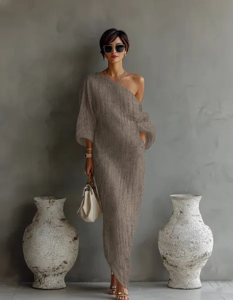 Design One-Shoulder Linen-Blend Maxi Dress Blue - 10