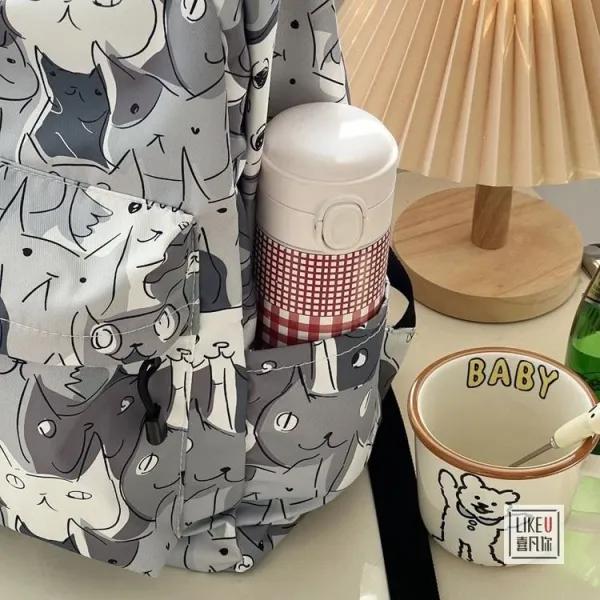 Design Cat Print Gray Multicolor Casual Backpack - 8