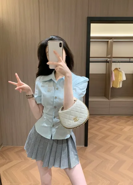 Design Pink Ruched Collar Shirt with Pleated Gray Plaid Skirt Clothing - 11