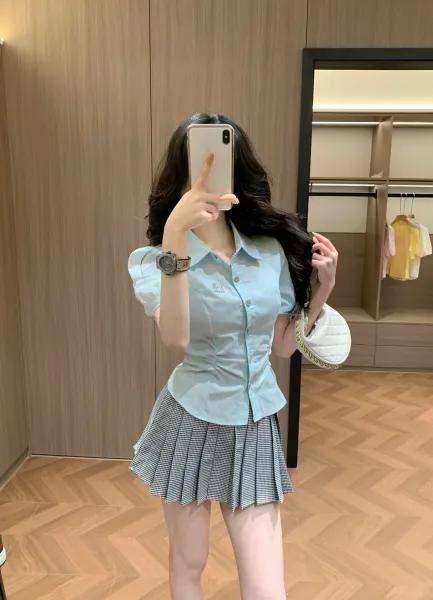Design Pink Ruched Collar Shirt with Pleated Gray Plaid Skirt Clothing - 12