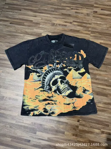 Godspeed Skull Statue of Liberty Distressed Black T-Shirt - 1