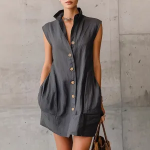 Design Sleeveless Button-Front Shirt Dress in Charcoal Gray