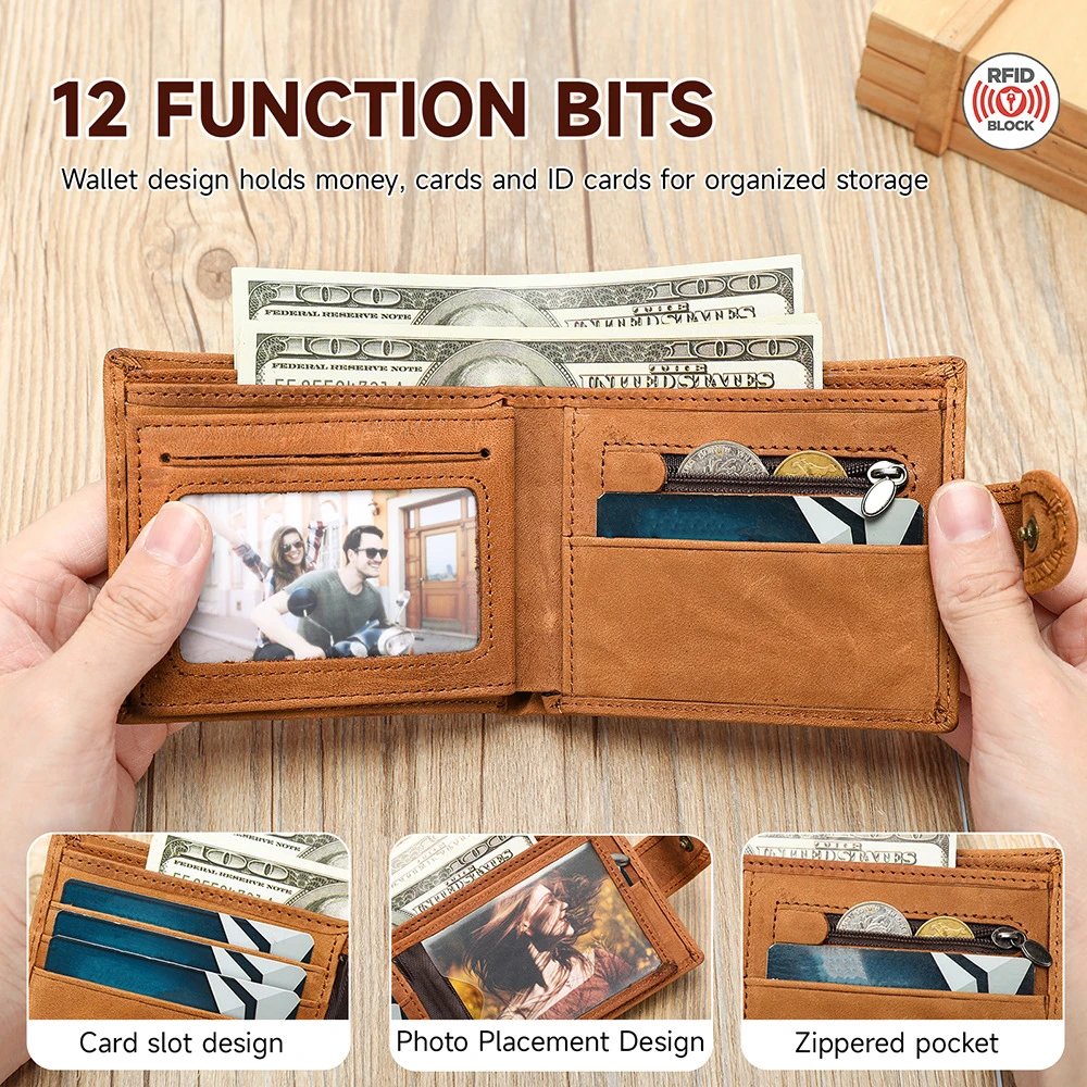 Leather Bifold Wallet Tan Embossed Military Style