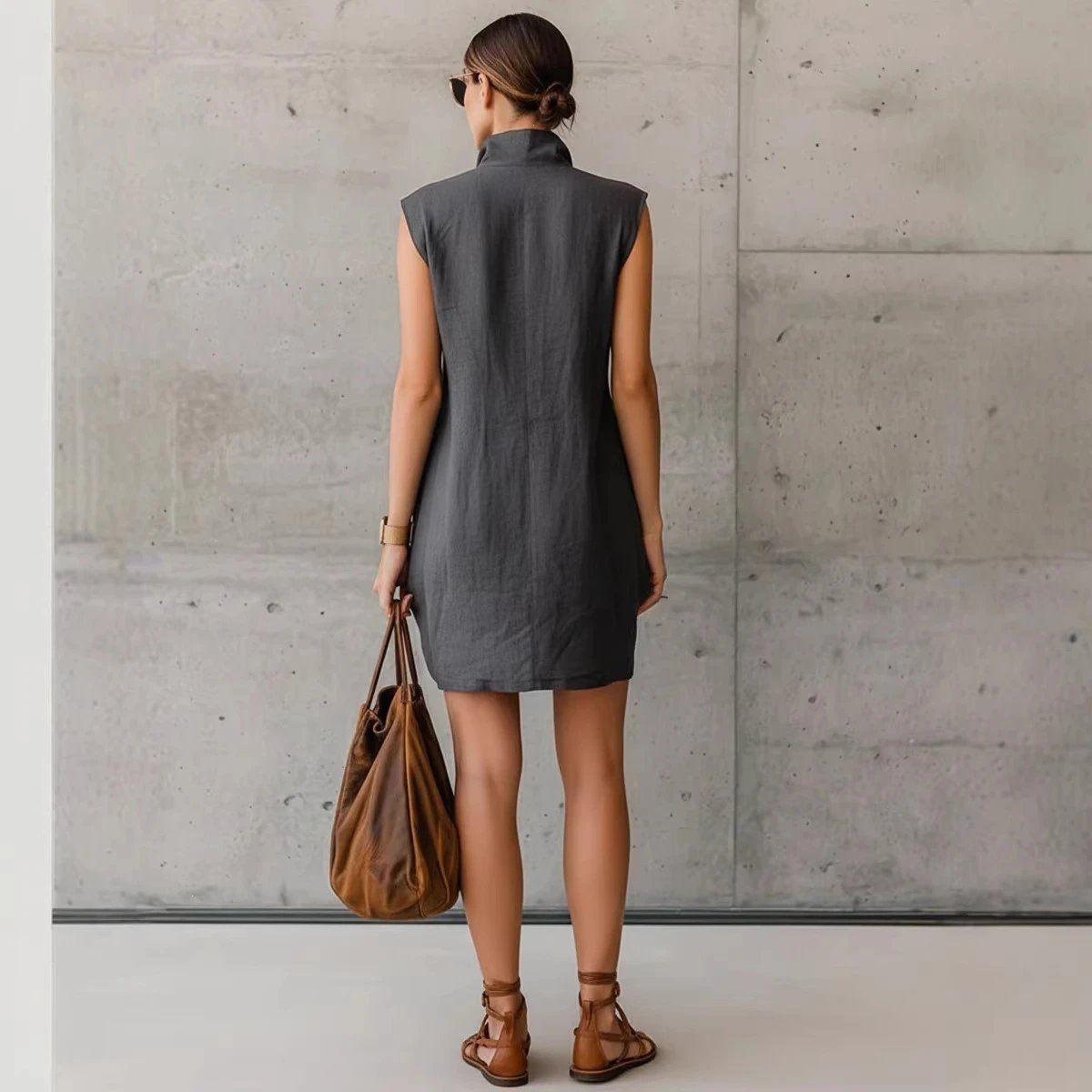 Design Sleeveless Button-Front Shirt Dress in Charcoal Gray - 10