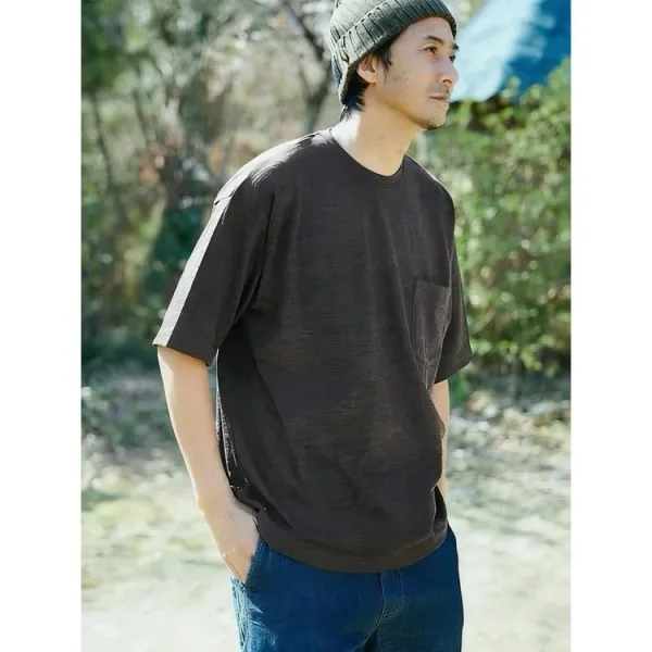 Design Yamatomichi Mountain and Road Pocket T-Shirt in Sage Green, Sky Blue, Charcoal Gray T-Shirts - 5