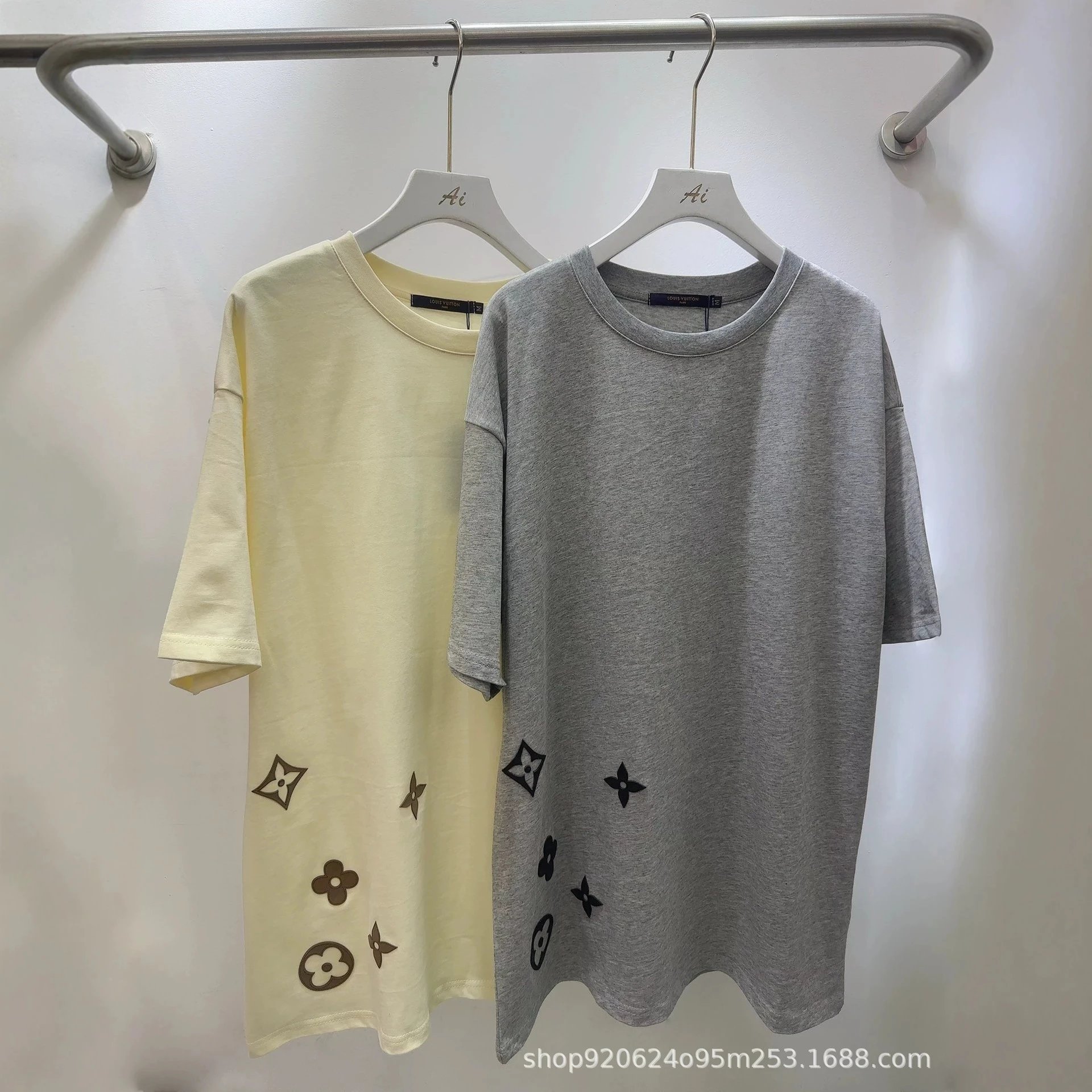 Cotton T-Shirt Cream Gray Monogram Print Oversized Tee