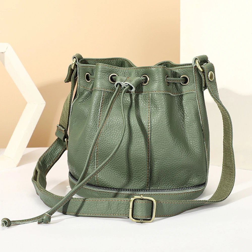 Design Bucket Bag Olive Green Leather Drawstring Shoulder Bag Handbags
