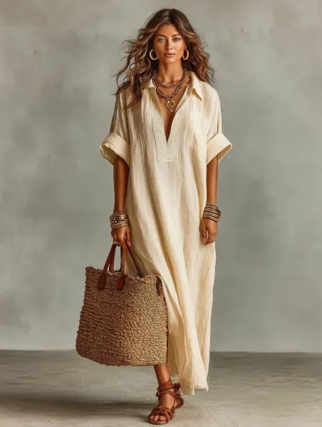 Design Caftan-Style Linen Dress Beige Shirt-Dress - 6