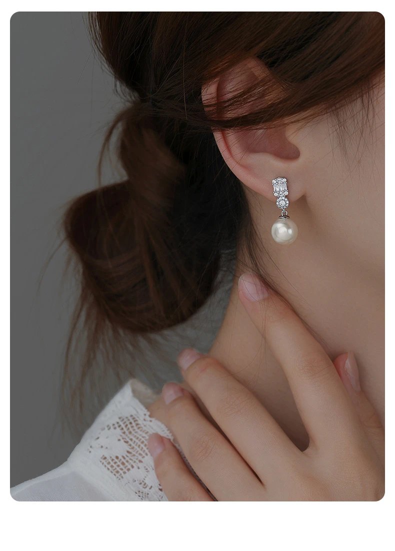 Design Platinum Gray 12MM Pearl Earrings with Baguette and Round CZ Jewelry - 22