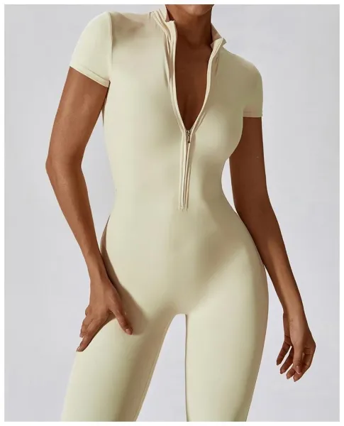 Design Black Zip-Front High-Neck Bodysuit with Short Sleeves Activewear - 16