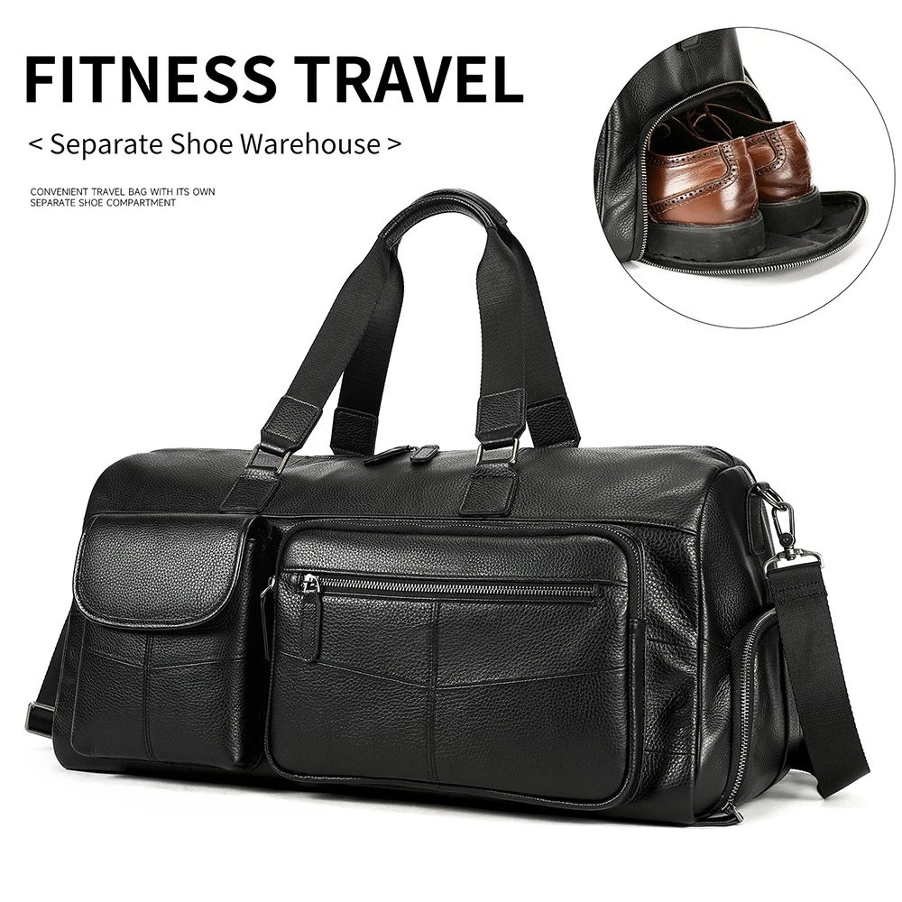 Black Pebbled Leather Duffel Bag Travel Style