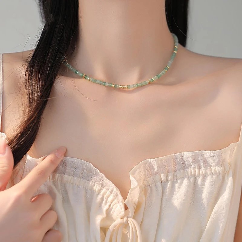 Green Jade Beaded Gold Accented Dainty Necklace and Bracelet Set