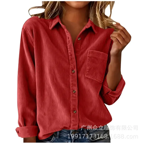 Design Corduroy Button-Up Shirt Forest Green Tops Shirt - 15
