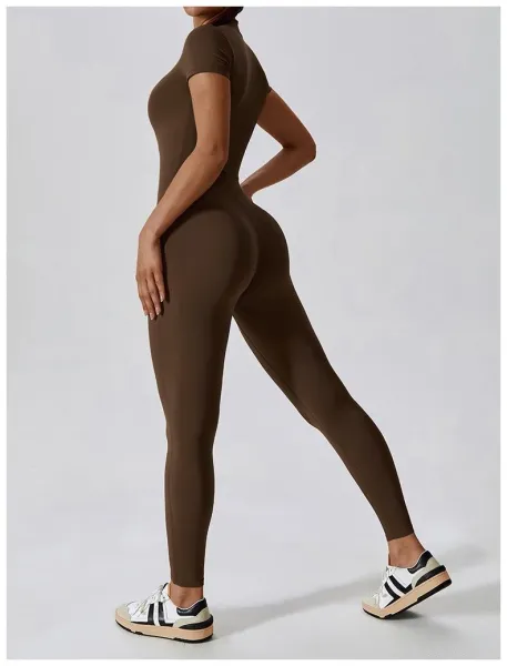 Design Black Zip-Front High-Neck Bodysuit with Short Sleeves Activewear - 20
