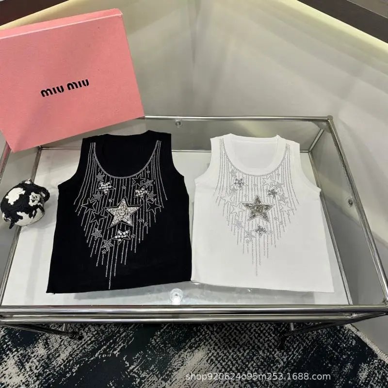 Miu Miu White Star Embellished Knit Tank Top