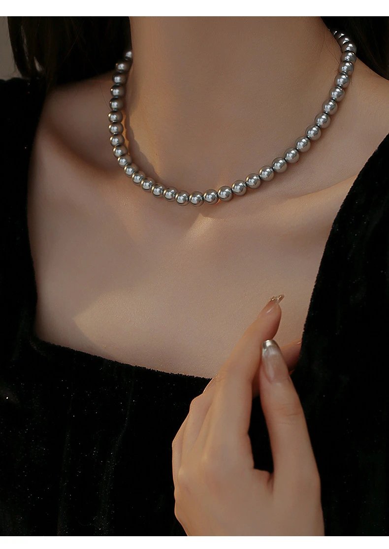 Design Pearl Bead Necklace Silver Gray Jewelry - 19
