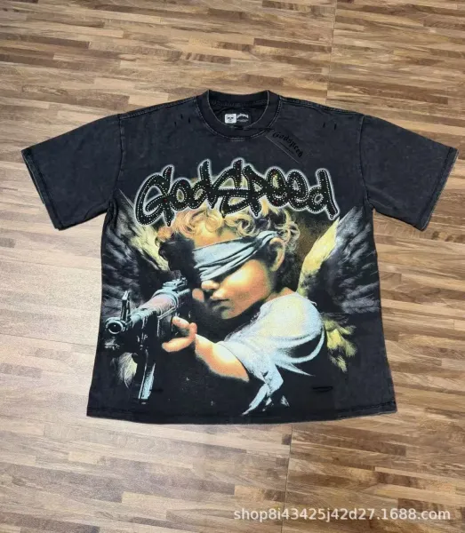 Godspeed Blindfolded Angel Graphic Distressed Black T-Shirt - 1