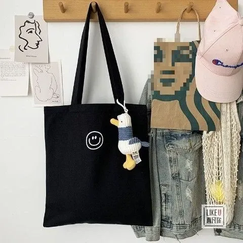 Design Smiley Face Canvas Tote Bag Black - 1