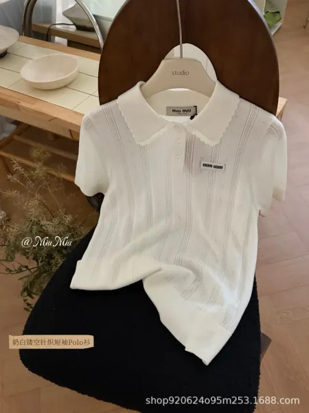 Miu Miu Knit Short-Sleeve Polo Shirt in Cream with Scalloped Collar - 3