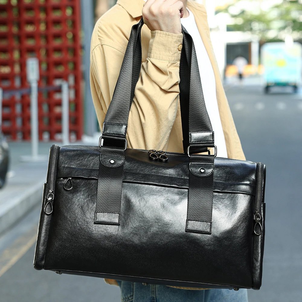 Black Leather Duffel Bag Black Casual Travel Tote