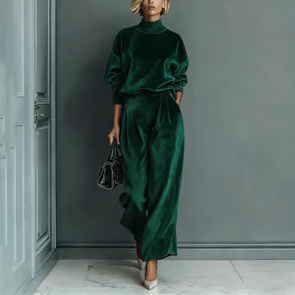 Design Velvet Turtleneck Top and Wide-Leg Pants Set Red Sets - 11