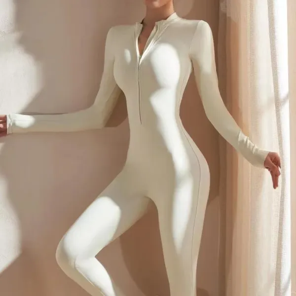 Design Zip-Front Seamless Bodysuit Beige Activewear - 1