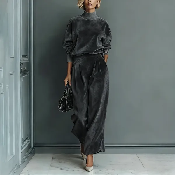 Design Velvet Turtleneck Top and Wide-Leg Pants Set Red Sets - 12