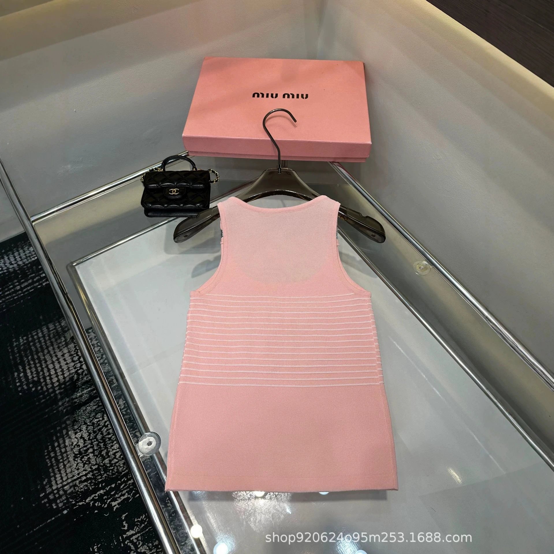 Miu Miu White Pink Striped Logo Knit Tank Top