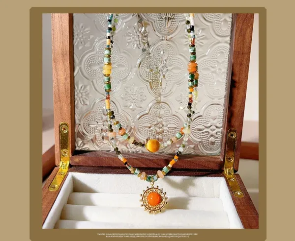 Design Beaded Gemstone Necklace with Amber Center Stone Jewelry - 8