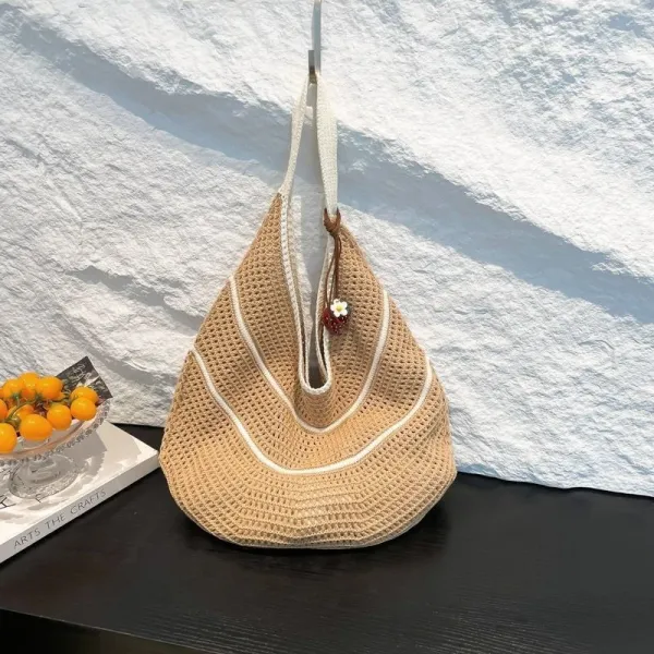 Design Crochet Tote Bag Light Blue with Cream Trim - 12