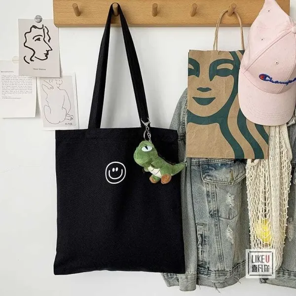 Design Smiley Face Canvas Tote Bag Black - 29