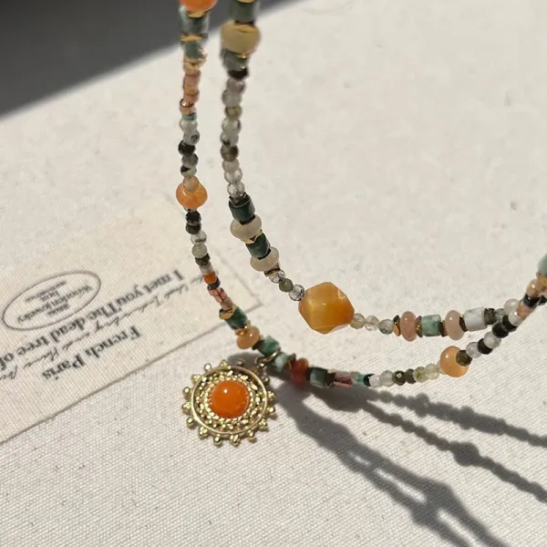 Design Beaded Gemstone Necklace with Amber Center Stone Jewelry - 12