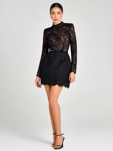 Design Floral Lace High-Neck Mini Dress Pink - 17