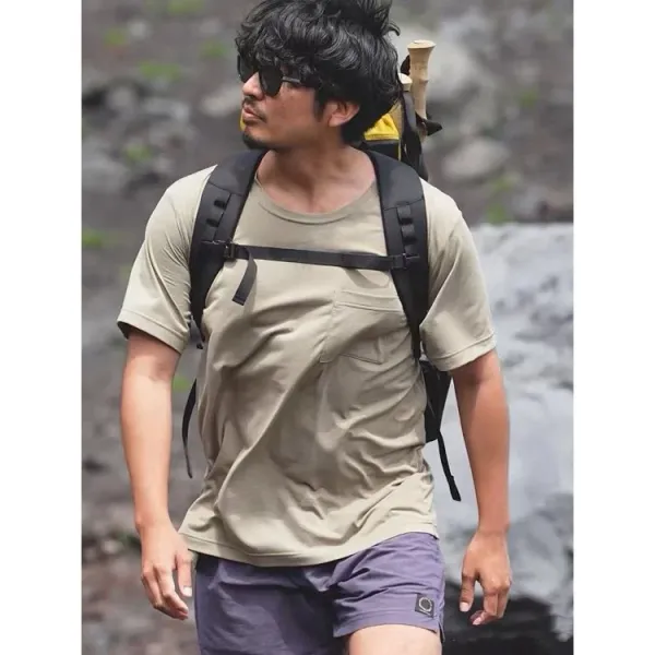 Design Yamatomichi Mountain and Road Pocket T-Shirt in Sage Green, Sky Blue, Charcoal Gray T-Shirts - 8