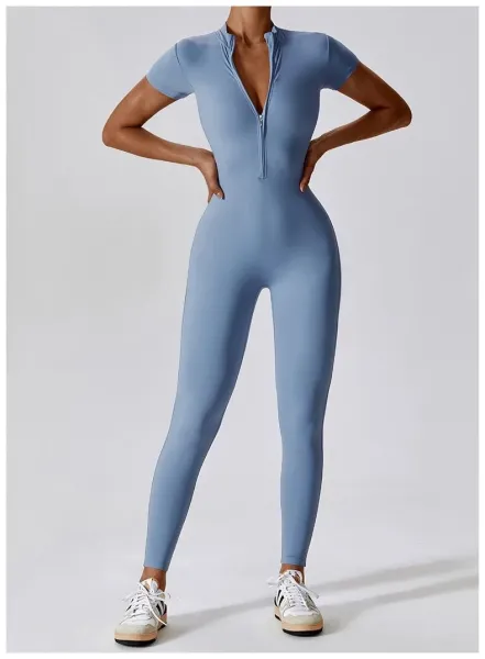 Design Black Zip-Front High-Neck Bodysuit with Short Sleeves Activewear - 5