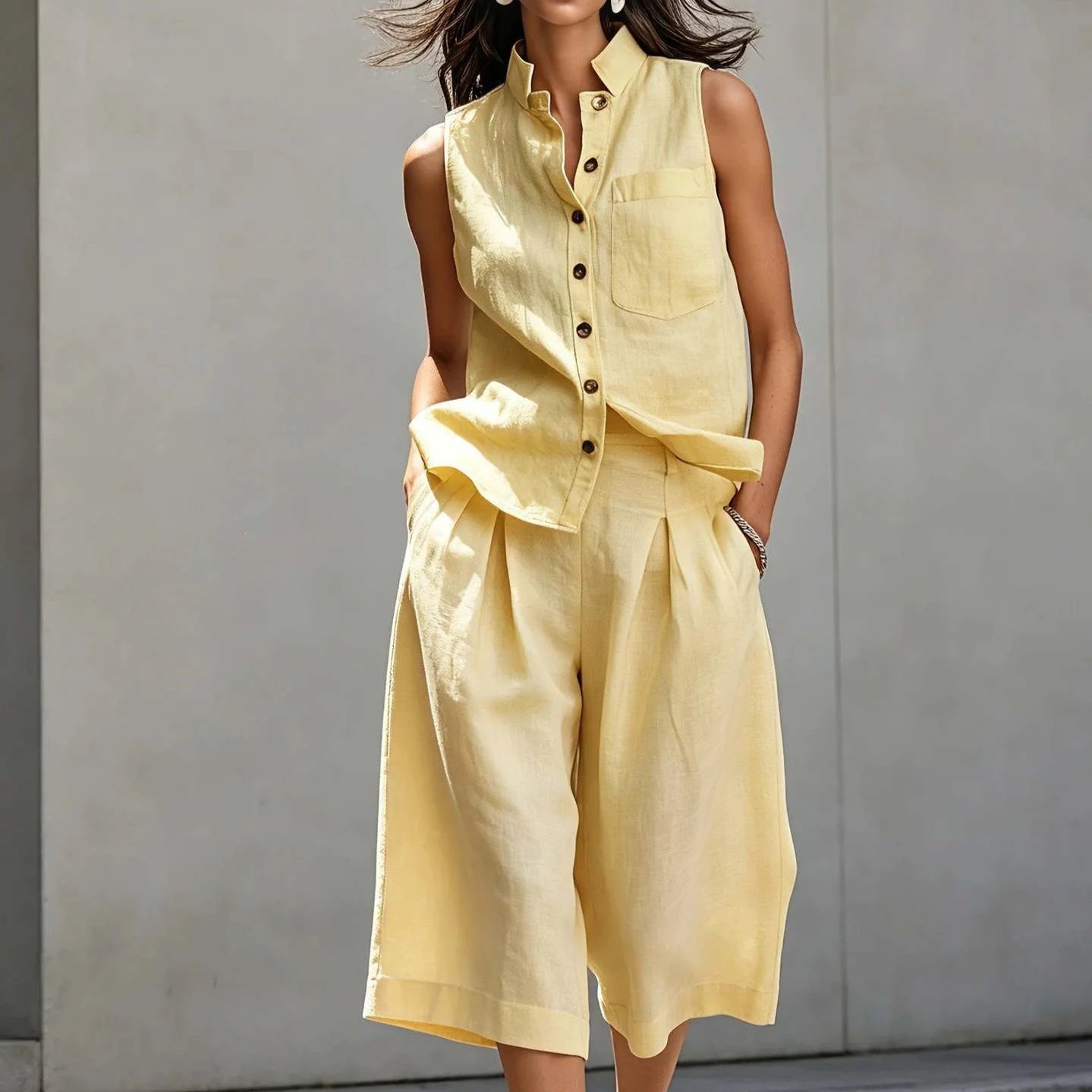 Linen Sleeveless Button-Up White Relaxed Two-Piece Set
