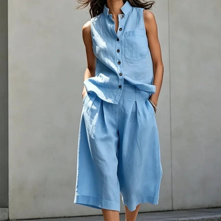 Linen Sleeveless Button-Up White Relaxed Two-Piece Set