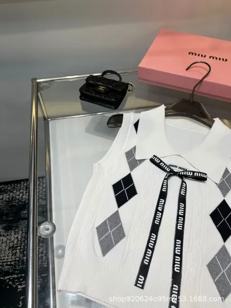 Miu Miu Argyle Knit Vest Top White with Logo Ribbon - 3
