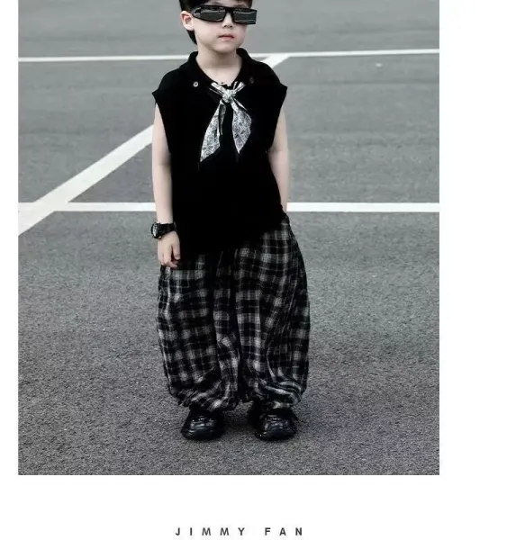 Design Sleeveless Polo Shirt with Bandana Detail, Gray Plaid Baggy Pants, and White Chunky Sneakers - 7