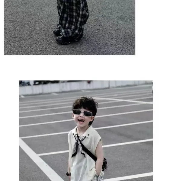 Design Sleeveless Polo Shirt with Bandana Detail, Gray Plaid Baggy Pants, and White Chunky Sneakers - 11