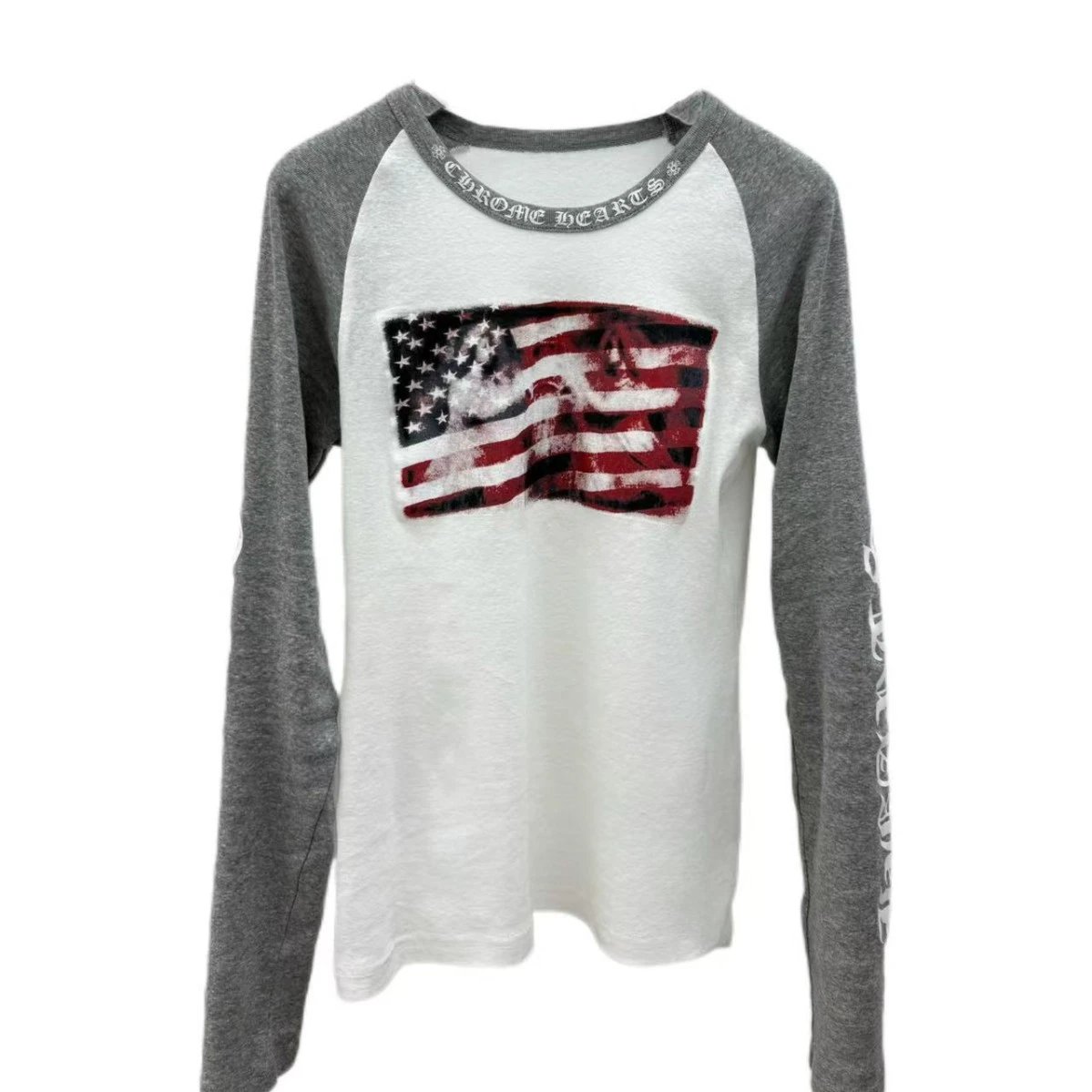 Chrome Hearts American Flag White Gray Raglan Long Sleeve T-Shirt