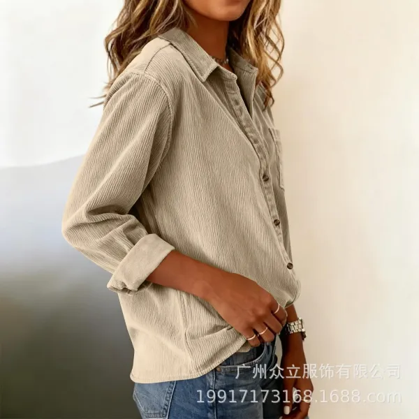 Design Corduroy Button-Up Shirt Forest Green Tops Shirt - 41