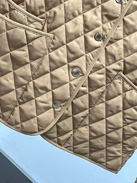Design Quilted Jacket with Corduroy Collar Beige Outerwear - 24