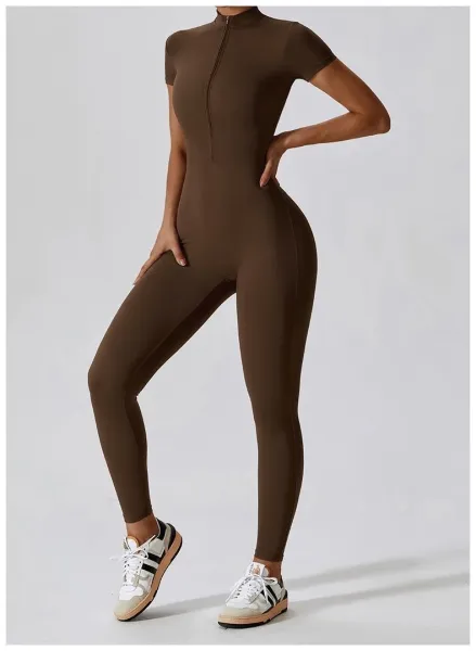 Design Black Zip-Front High-Neck Bodysuit with Short Sleeves Activewear - 17