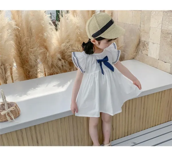 Design Bow Detail White Dress with Navy Trim Kids Dress - 13