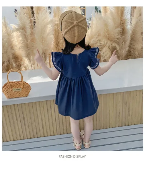 Design Bow Detail White Dress with Navy Trim Kids Dress - 20